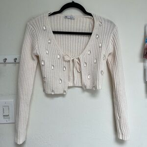 ZARA jeweled tie front long sleeve cardigan sweater